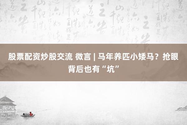 股票配资炒股交流 微言 | 马年养匹小矮马？抢眼背后也有“坑”